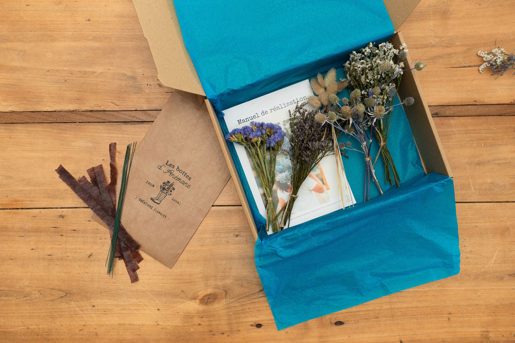 Kit à réaliser DIY - Pics à chignon en fleurs séchées - Bleu